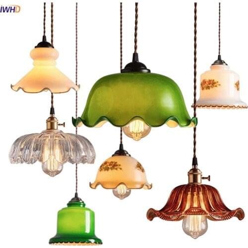 IWHD Old Shanghai Vintage Pendant Lamp Green Glass Artistic Bar Restaurant Cafe Retro LED Pendant Lights Fixtures Luminaria