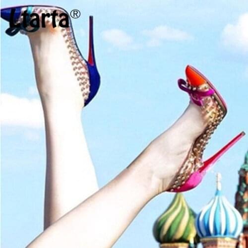 LTARTA 2021 Women Pumps Rivets Transparent Film Rivet Bow Pointed Shallow Mouth High Heel Single Shoes Women Shoes DF-jum633
