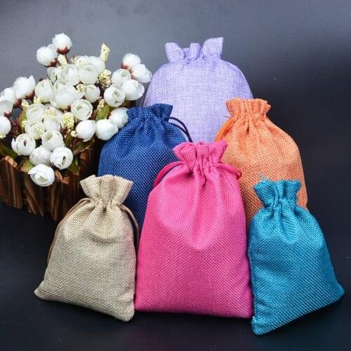 9x12cm Solid Color Vintage Style Natural Linen Burlap Bag Jute Gift Drawstring Gift Packaging Party Favor Candy Bags 50pcs/lot