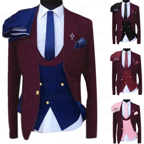 New Designs Burgundy Men Wedding Suit Set Custom Slim Fit Groom Tuxedo Business Suit Jacket Double Breasted Vest Pants 3 Pieces