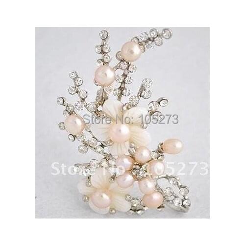 Charming Pearl Brooch Light Pink 6-7mm Bread Freshwater Pearl And 4-5MM Rice Pearl With White Shell Brooch New Free Shipping