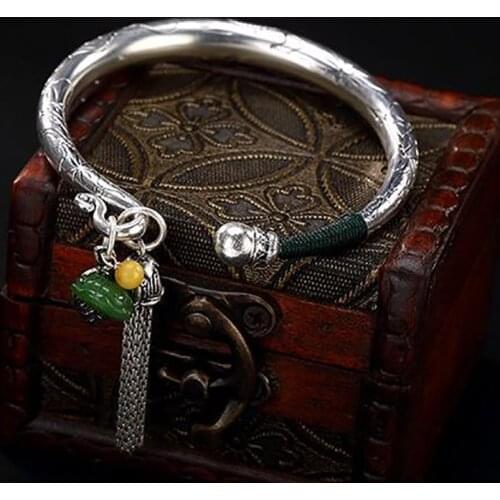 Original design natural Hetian jasper carp lotus bracelet Chinese retro light luxury charm womens brand silver jewelry