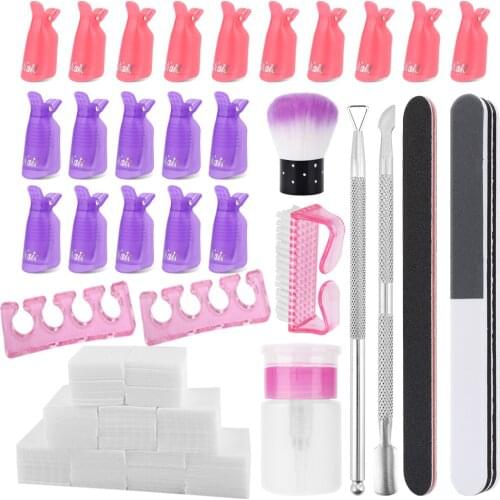 Nail Gel Polish Remover Tools Kit Nail Clips Brush Wipe Cotton Pads Finger Separator Cuticle Pusher Nail File Buffer Dispenser