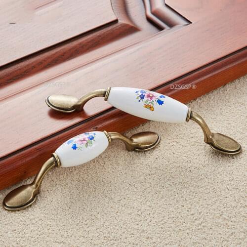 Retro Cupboard Kitchen Pull Drawer Cabinet Hardwares Ceramic And Zinc Alloy Flower White Bronze Black Wardrobe Door Handle