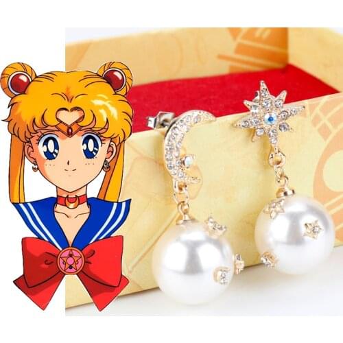 Anime Imitation pearls Earrings Cosplay Kawaii Crystal Star Moon Pearl Dangle Earrings For Girls Kids Christmas Gift-15