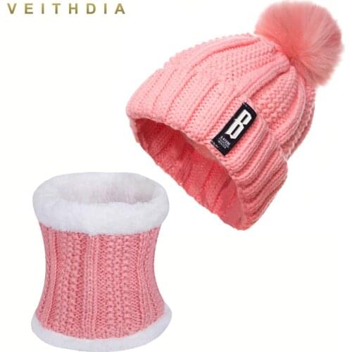 VEITHDIA 2019 New Pom Poms Winter Hat and Scarf or Women Fashion Solid Warm Hats Knitted Beanies Cap Brand Thick Female Cap