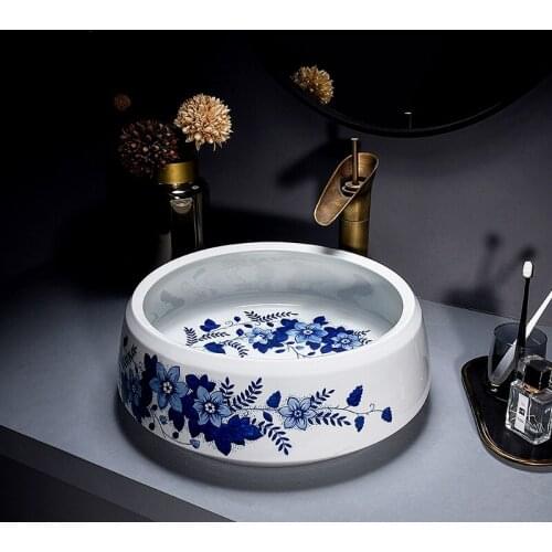 Blue and White Porcelain Above Counter Basin Imitation Retro Art Wash Basin New Chinese Ceramic Washbasin Single Basin Household