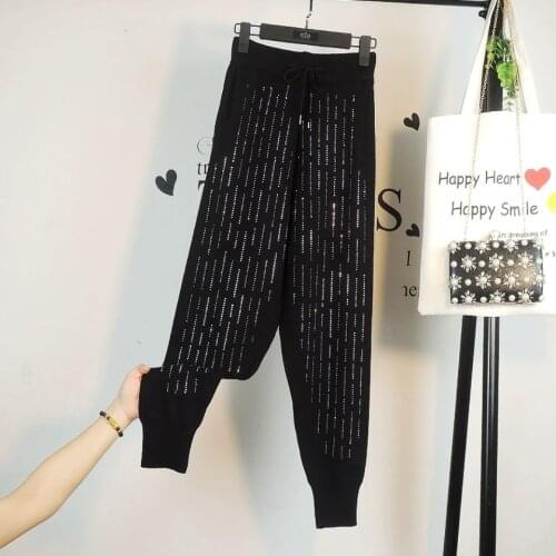 Heavy Industry Hot Drill High Waist Casual Pants Women Loose Spring and Summer Joker Black Knitted Pants 2021 New