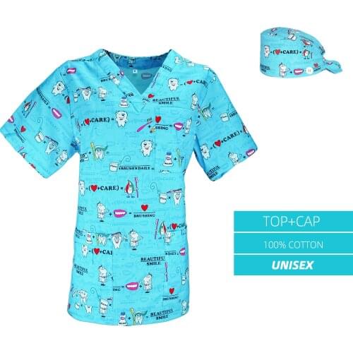 Unisex Anime Scrubs Tops and caps Nursing Uniform for Male Female Lab Dental Clinic Doctors Nurse Working Women Uniforms Shirt
