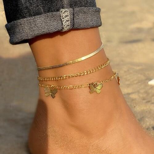 Vintage Gold Butterfly Chain Anklet Set Bohemian Geometric Butterfly Snake Chain Womens Beach Sandals Anklet Foot Leg Jewelry