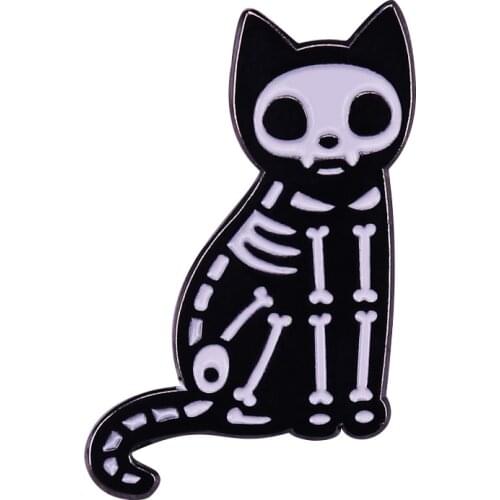 X-Ray Skeleton Cat Enamel Pin Black White Skulls Halloween Badge