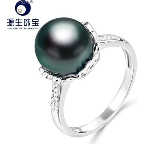 YS 10-11mm Natural Black Tahitian Cultured Pearl Ring 925 Sterlng Silver Ring Fine Jewelry