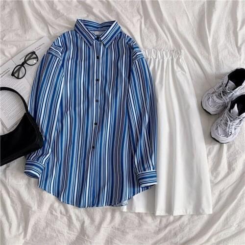 Fashion Two-piece College Divided Loose Striped Shirt + Skirt Spring and Autumn Suit Female Students