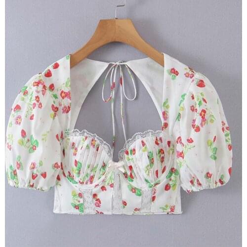 YENKYE 2021 Women Sweet Lace Patchwork Floral Print Crop Top Female Sexy Backless Puff Sleeve Fashion Summer Tops Boho Blusas