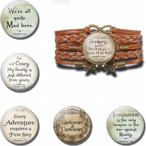 Womens Fashion Brown Leather Bracelet Wonderland quote Quote Print Glass Cabochon Bracelets Bangle Women Fashion Accessories