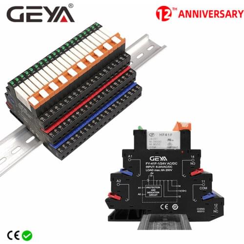1PCS GEYA 6.2mm thickness Din Rail Slim Relay Module 6A 1NO1NC 12V Relay 24V 230V Free Shipping