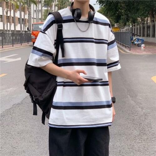 2021 summer striped short-sleeved t-shirt male ins tide brand Hong Kong style loose Korean trend round neck half-sleeved top