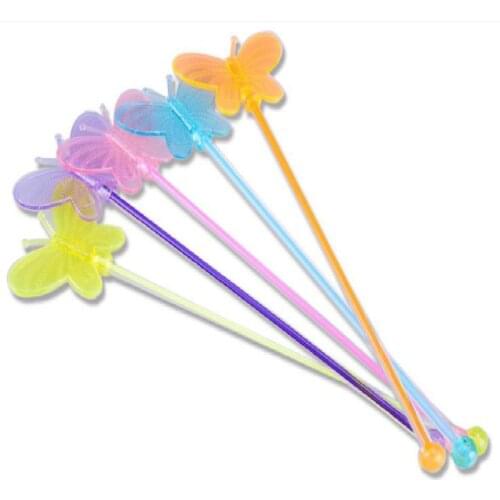 Kitchen Barware Bar Tools Solid Color Transparent Acrylic Long Butterfly Swizzle Cocktail Picks Wine Mixing Stick 10 Pcs/lot