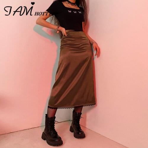 Basic Lace Patchwork Straight y2k Long Skirt Women Solid Brown Black High-waisted Harajuku Satin Skirts Female Summer Iamhotty