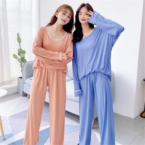 Home service modal long sleeve pajamas suit female four seasons commuting nightgown casual loose large size solid color bathrobe