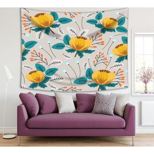 Tapestry Flowers Buds Leaves Floral Pattern Botanical Blossom Season Romantic Artwork Gray Yellow Blue