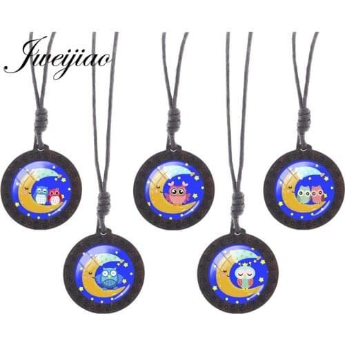 JWEIJIAO Moon Cartoon Owl Blue Pattern Necklaces Rope Chains Round Shaped Glass Wooden Pendant Necklace Fashion Jewelry FQF10