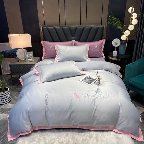 Light Grey Embroidery 60S Satin Washed Silk Bedding Set Cotton Duvet Cover Bed Linen Fitted Sheet Pillowcases Bedclothes