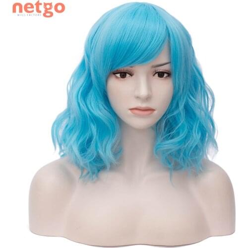 Netgo Short Curly Synthetic Wig With Bangs for Women Heat Resistant Blue/Pink/White Wigs for Girls Lady Cosplay Party Daily Wear