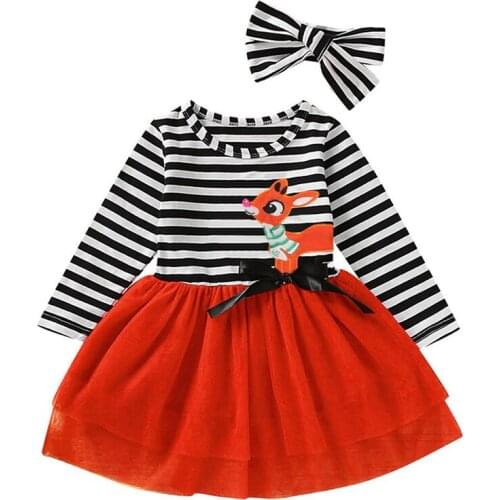 Baby Girls Christmas Santa Striped Print Tulle Dress+Headband Outfits Princess Party Dress Children Kids Suit