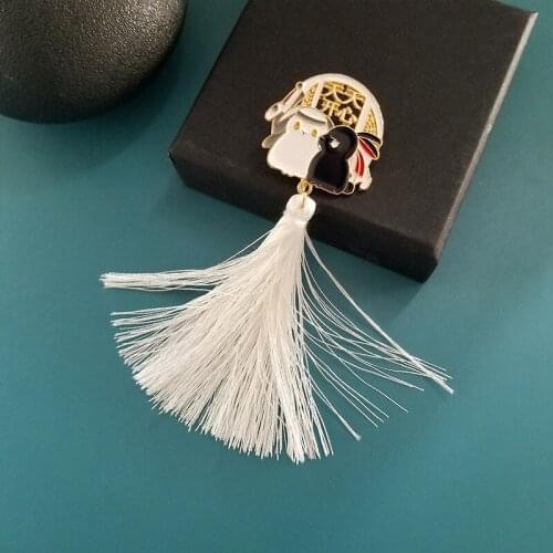 Creative black and white rabbit tassel shape metal enamel brooch cartoon cute happy every day blessing decoration pin