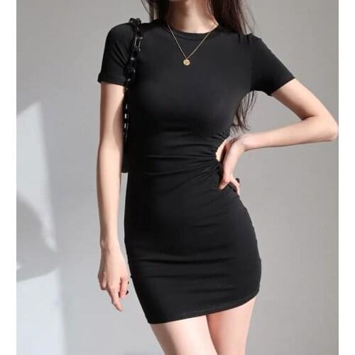 Summer Dress 2021 Short Sleeve Black Bodycon Draw String Cutout Sexy Mini Dress Vintage Y2k Clothes Lace Up Tshirt Dress Club