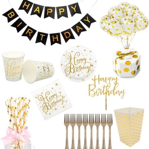 Hot Gold Happy Birthday Plate Cup Napkin Straw Baanner High-end tableware Wedding Birthday party decoration supplies