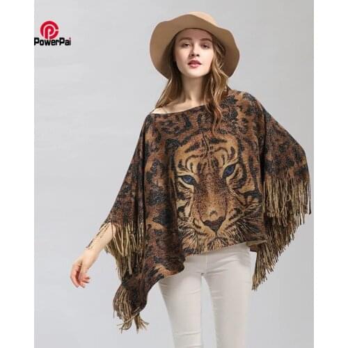 Fashion Tiger Stripe Pattern Irregular Poncho Shawl Tassels Knit Acrylic Cashmere Pullover Cape Women Spring Autumn Wrap Sweater