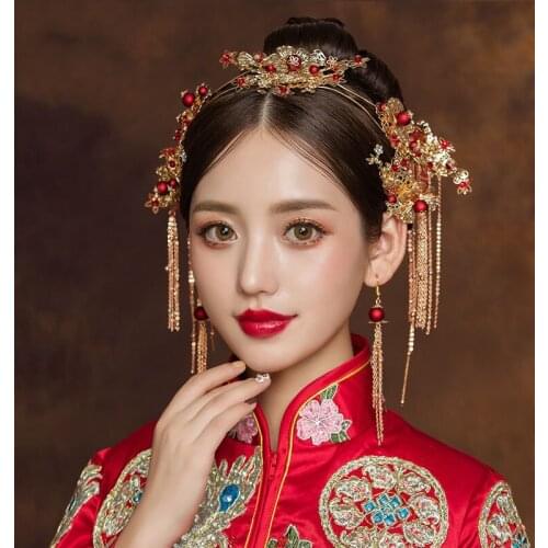 New Wedding Bride Crown Hair Pins and Earrings Chinese Trantional Gold Headpieces Bridal Headband Flower Hairpins Women Hairband