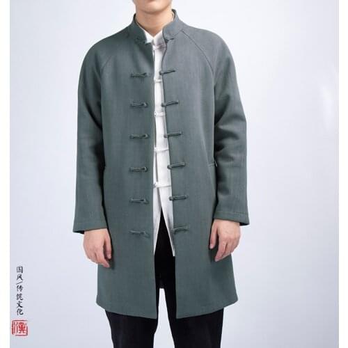 Autumn Winter Chinese Style Mens Clothes Cotton Hemp male long Coat Mens Tang Clothes Overcoat Long sleeve stand collar jacket