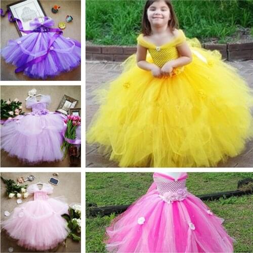 Little Girls Princess Tutu Dress Kids Crochet Tulle Tail Dress Ball Gown with Flower Headband Children Bell Wedding Party Dress