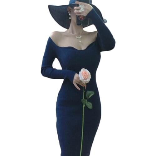 French Retro Sexy Elegant Knitted Dottoming Dress Spring and Autumn Women Sweater Dresses Slim Mid-long Knit Dress NS2371
