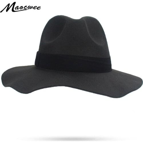 Ladys Wide Brim Jazz Fedora Casual Black Soft Women Vintage Polyester Felt Bowler Fedora Hat Floppy Cloche Men Gangster Hats