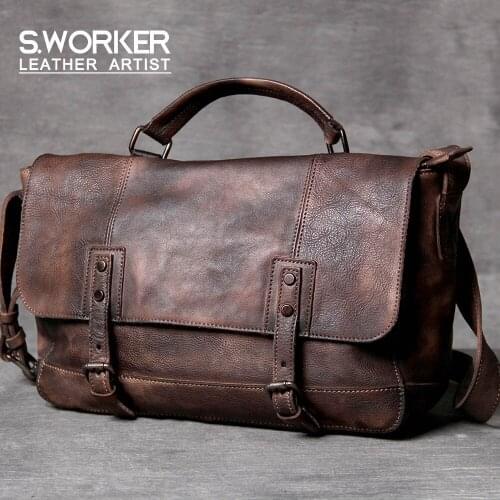S.WORKER Vintage Genuine Leather Mens Briefcase Cowhide Messenger Bag Plant tainning Handbag Retro Casual Style