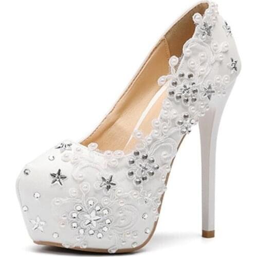 Thin High Heels Pumps Women Lace Slip On 14CM Round Toe Dress Fashion Party Wedding waterproof Flower Women Shoes 2020 white