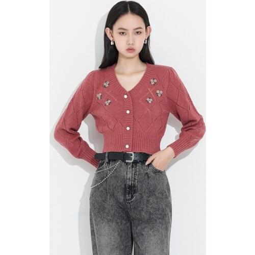 Crochet Hollow Out Knit Cardigan Crop Tops Women 2021 New V Neck Floral Appliques Short Sweater Coat Long Sleeve Top Knitwear