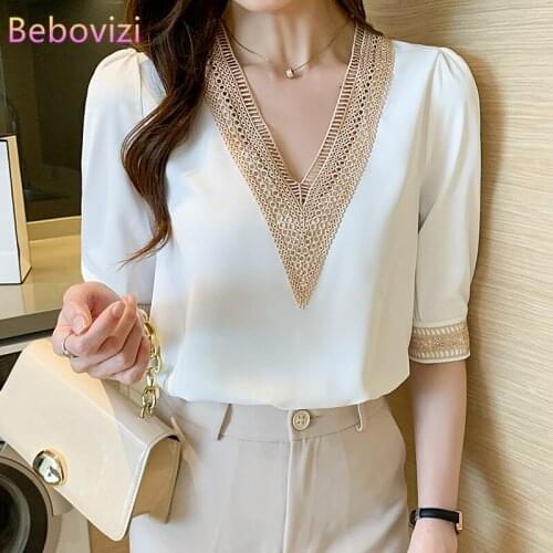 S-XXL 2021 New Korean Fashion White Chiffon Summer Casual V-neck Blouse Tops for Women Office Lady OL Work Clothes