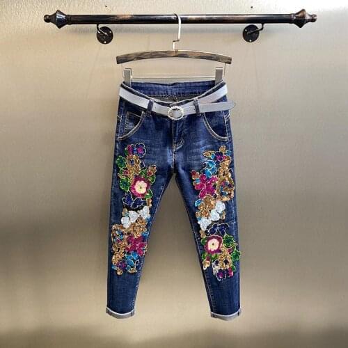 Women 2021 Autumn Winter New Embroidery Jeans Female High Waist Plus Size Stretch Jeans Ladies Casual Denim Pencil Pants Y479