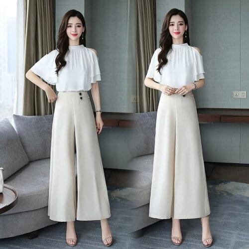Womens suit 2019 summer new high waist was thin fashion off-shoulder shirt casual wide-leg pants two-piece womens clothing
