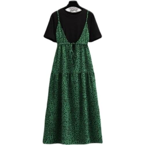 Summer Fashion Suspender Dress Suit For Women Korean Loose Black Short Sleeve T-shirt+Leopard Sling Dress Lady 2 Piece aq991