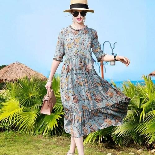 Plus size Summer Beach Dresses For Women 2021 Casual Print Flower Dress Long Fashion Elegant Short sleeve Dress Ladies Sundress