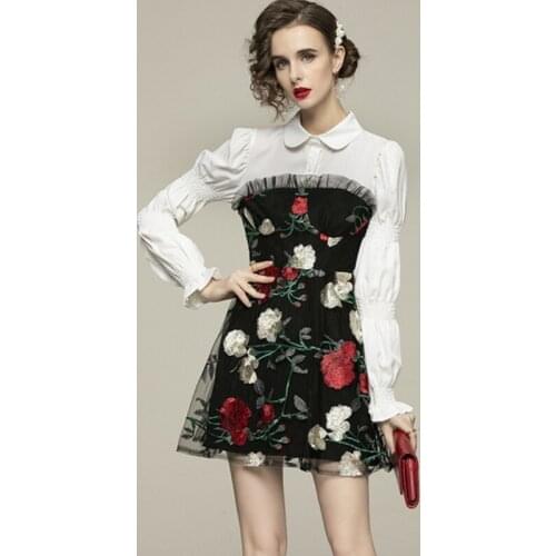 New 2021 Fashion Runway Fashion Elegant Puff Sleeve Mini Dress Women Fake Two-Piece Sweet Flowers Mesh Patchwork Party Dress