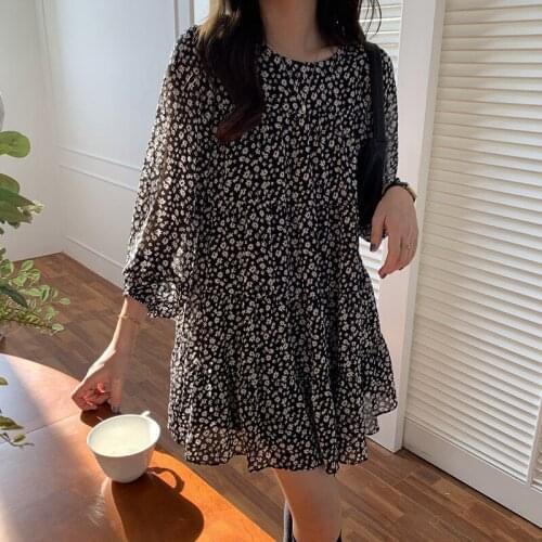 2021 Fashion Print Floral Women Dress Chiffon Mini Dress Korean Style Dresses Casaul Womens Clothing Summer Robe Longue WPY2749
