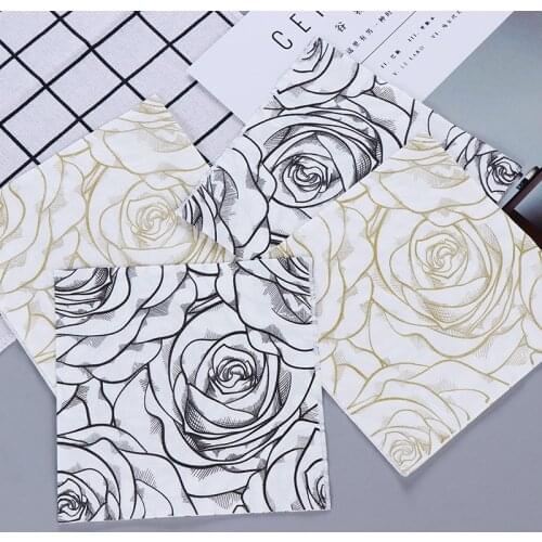 20 vintage napkin paper tissue white black printed golden rosehandkerchief decoupage wedding birthday party serviettes decor