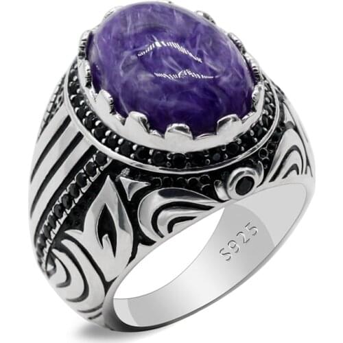 925 Silver Natural Purple Dragon Stone Mens Auspicious Handmade Turkish Stamp Rock Retro Jewelry Mens Ring Party Gift